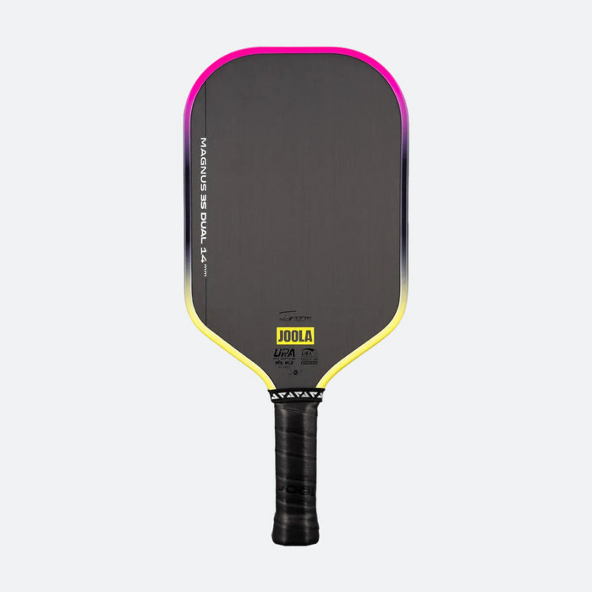 Pickleball paddle with black and yellow design on a light gray background