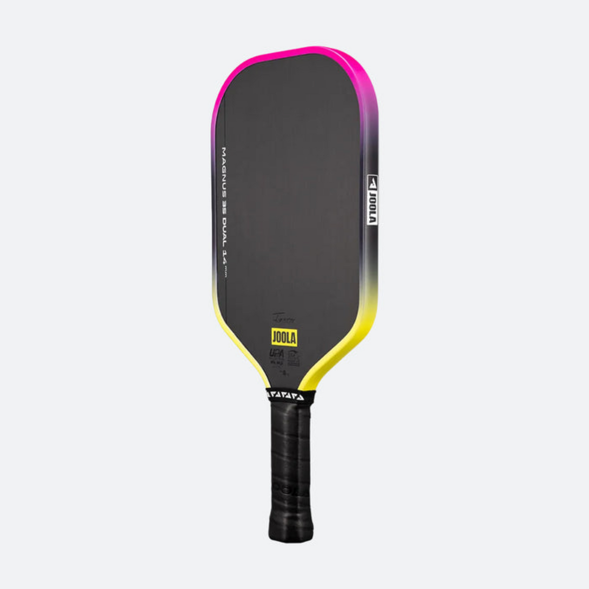 Pickleball paddle with black, pink, and yellow design on a light gray background