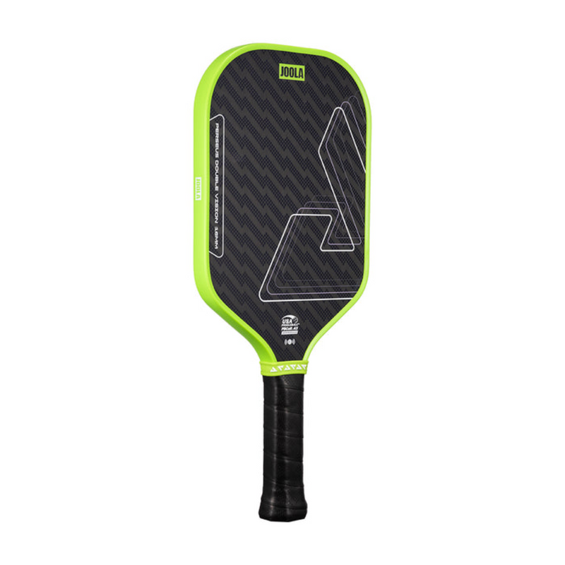 Pickleball paddle with green rim and black back on a white background