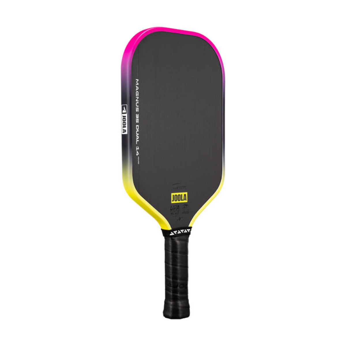 Pickleball paddle with black, pink, and yellow design on a white background