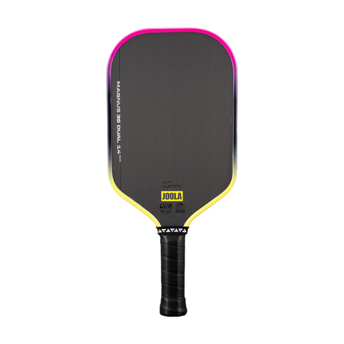Pickleball paddle with black and yellow design on a white background