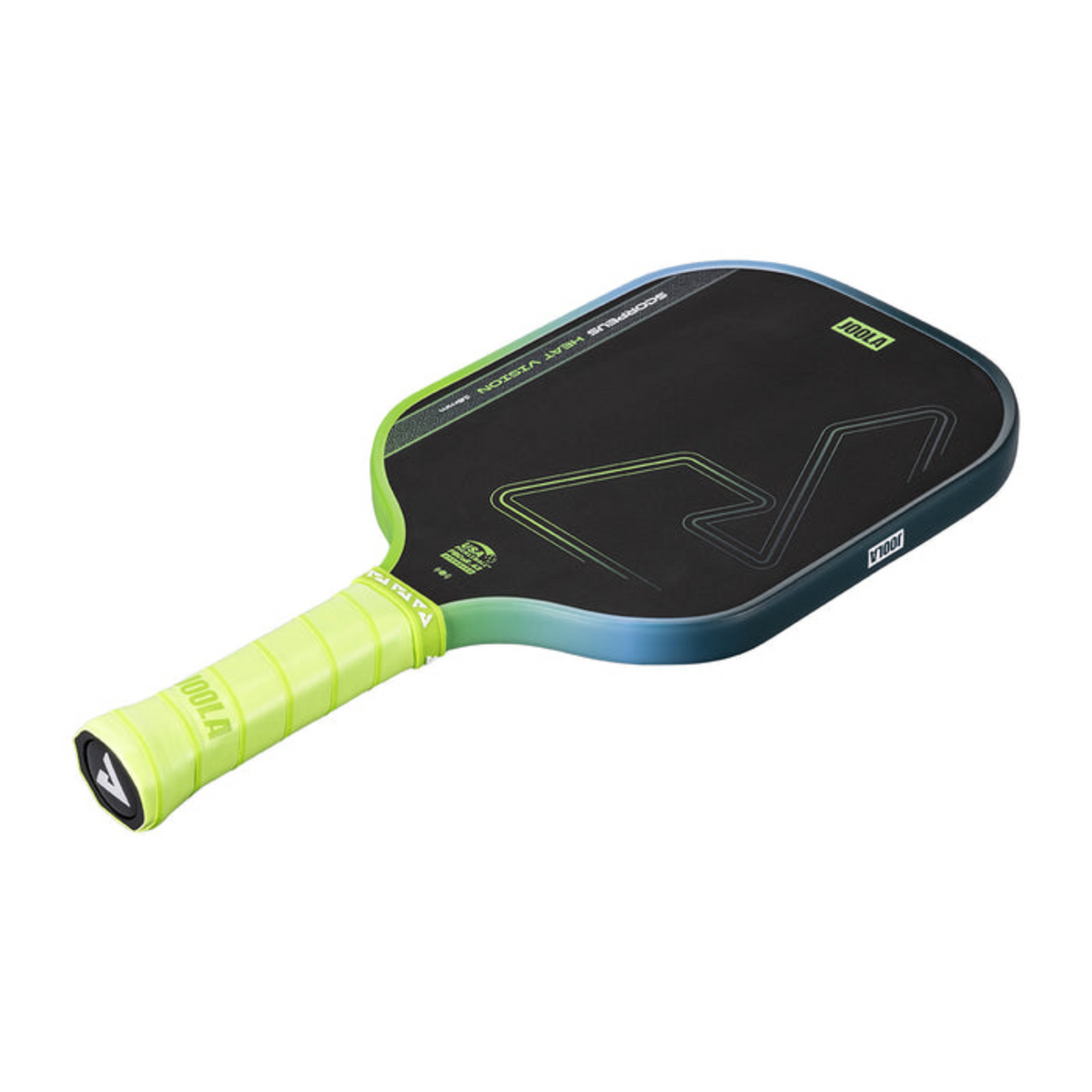 Pickleball paddle with black face and green handle on a white background