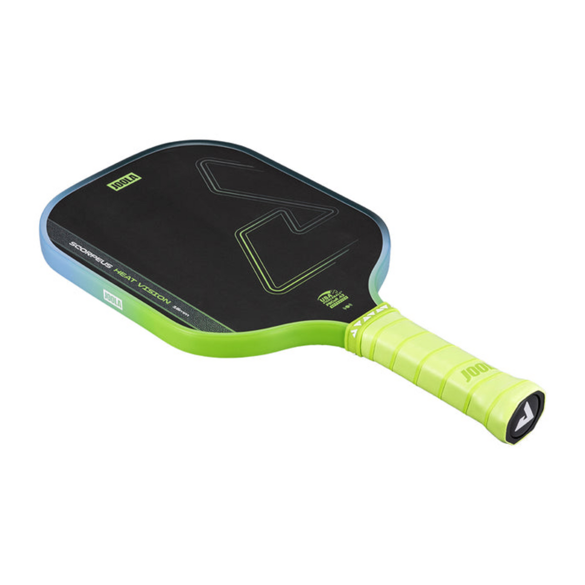 Pickleball paddle with black and green design on a white background