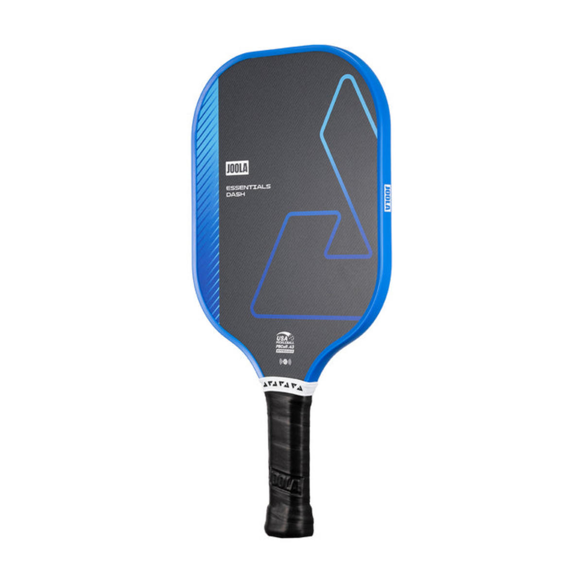 Blue and black pickleball paddle on a white background