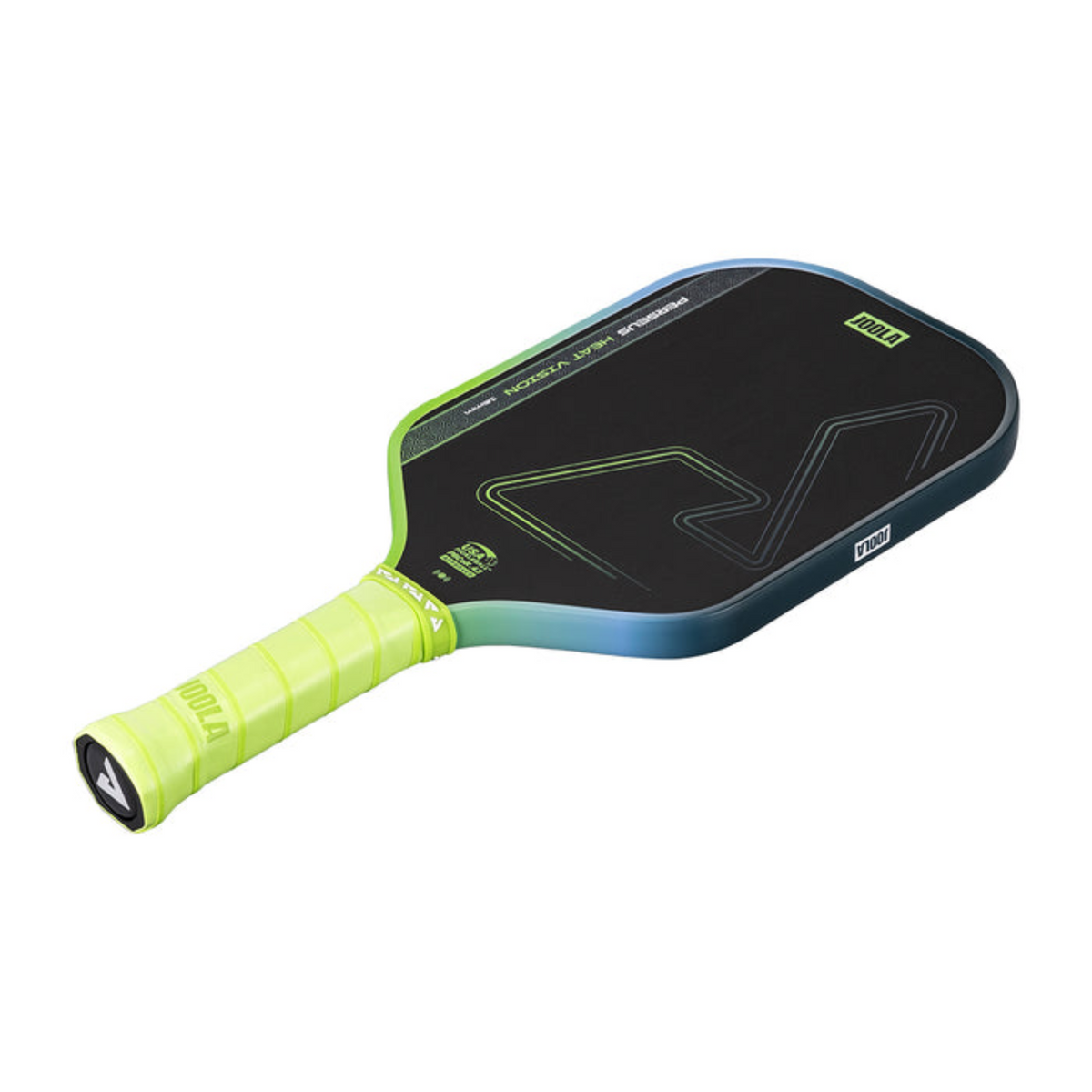 Pickleball paddle with black surface and green handle on a white background