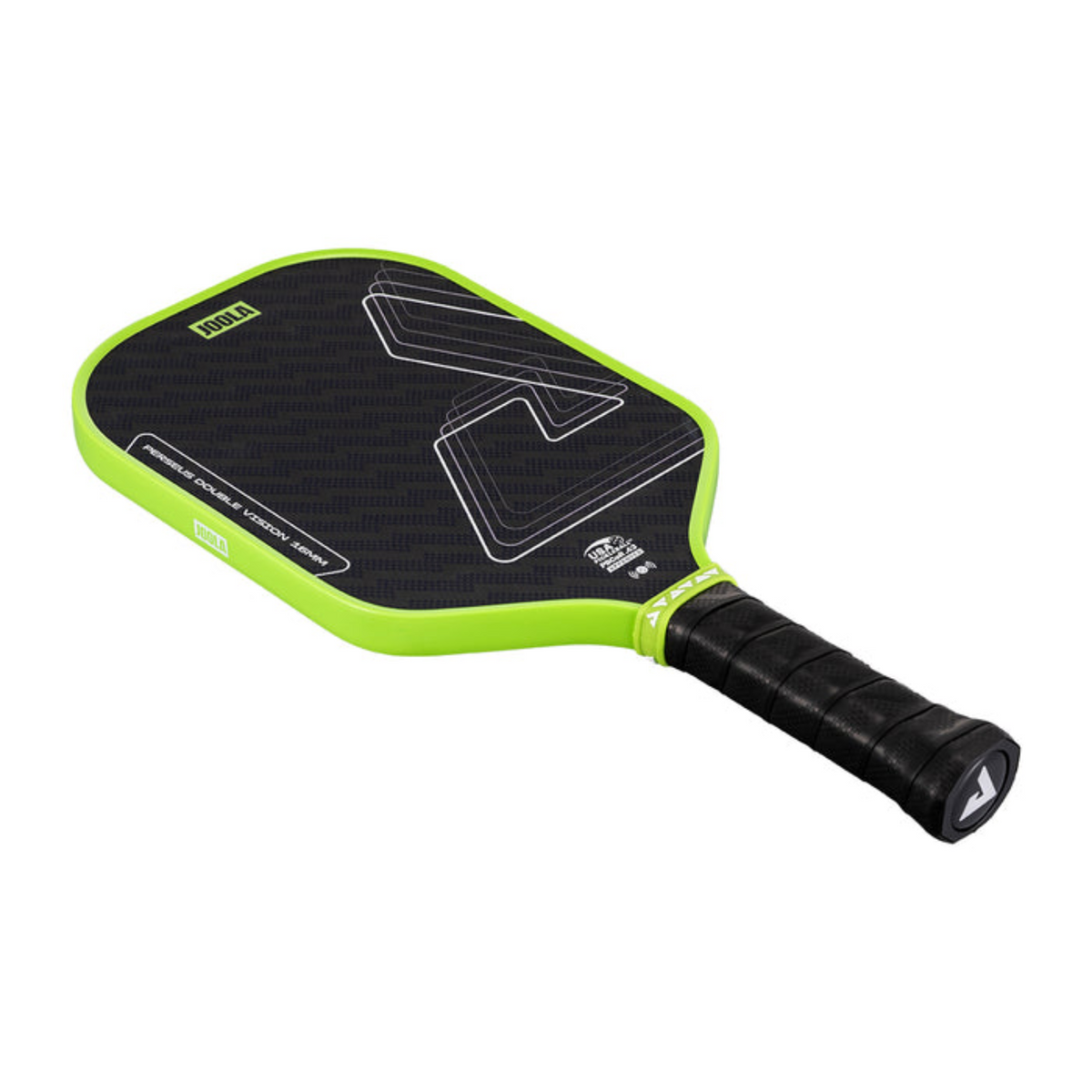 Pickleball paddle with green frame and black handle on a white background