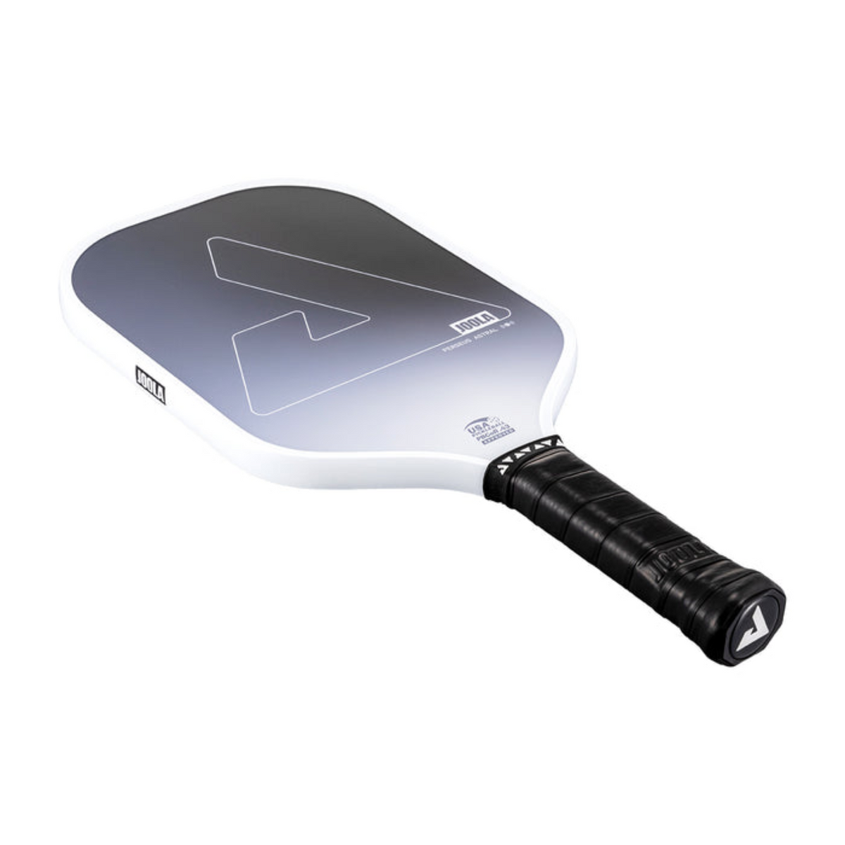 Pickleball paddle with black and white design on a white background