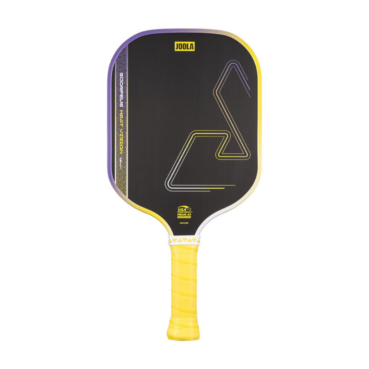 Pickleball paddle with black surface, yellow handle, and Joola branding on a white background