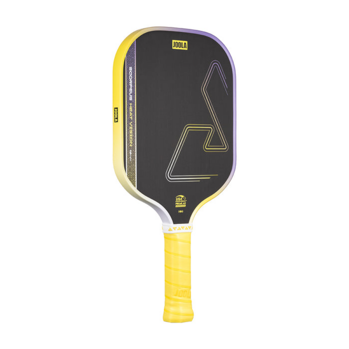 Pickleball paddle with black face and yellow handle on a white background