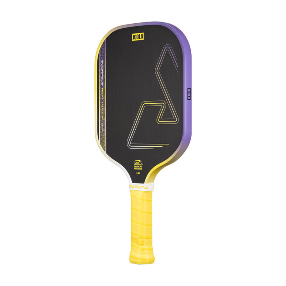 Pickleball paddle with black face and yellow handle on a white background