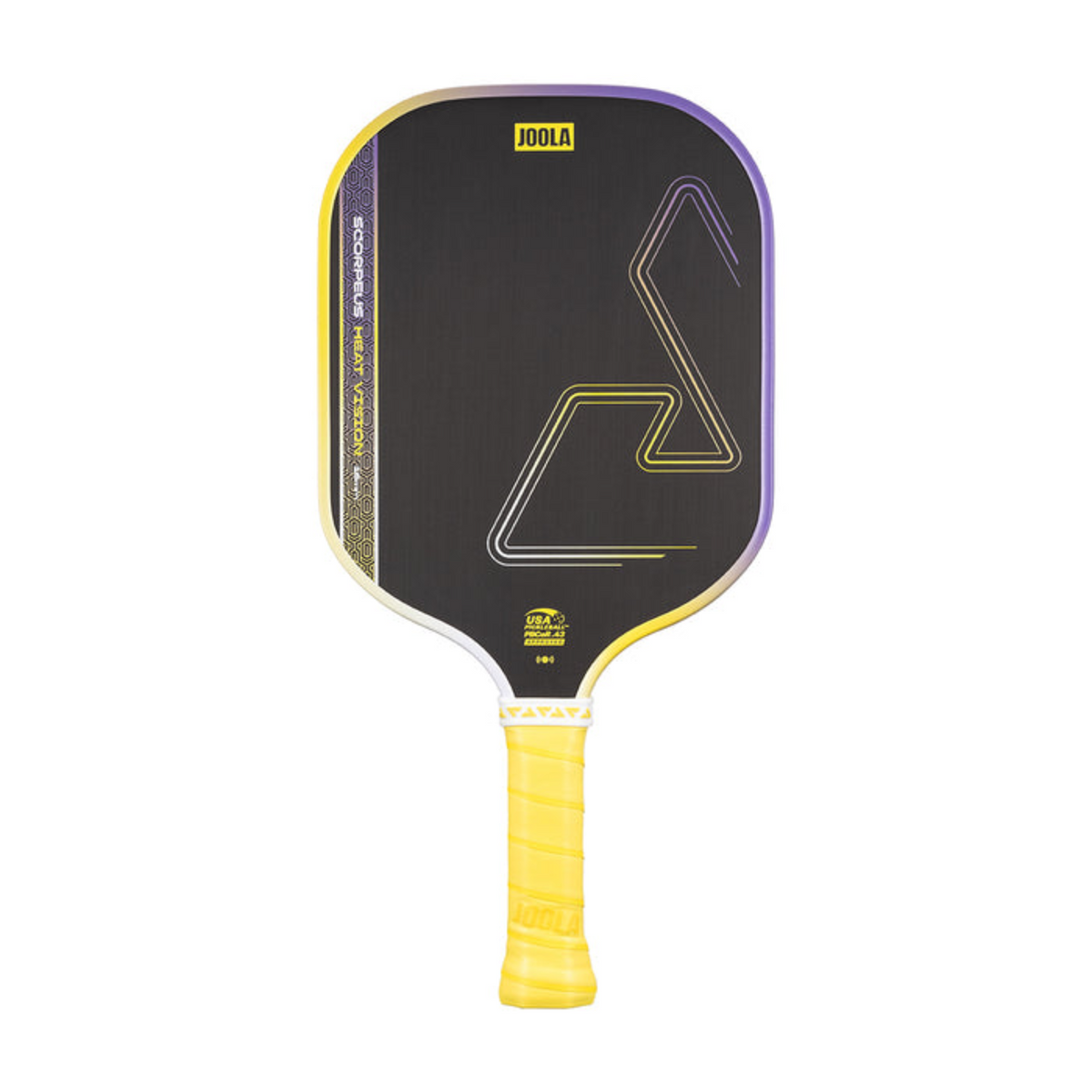 Pickleball paddle with black face and yellow handle on a white background