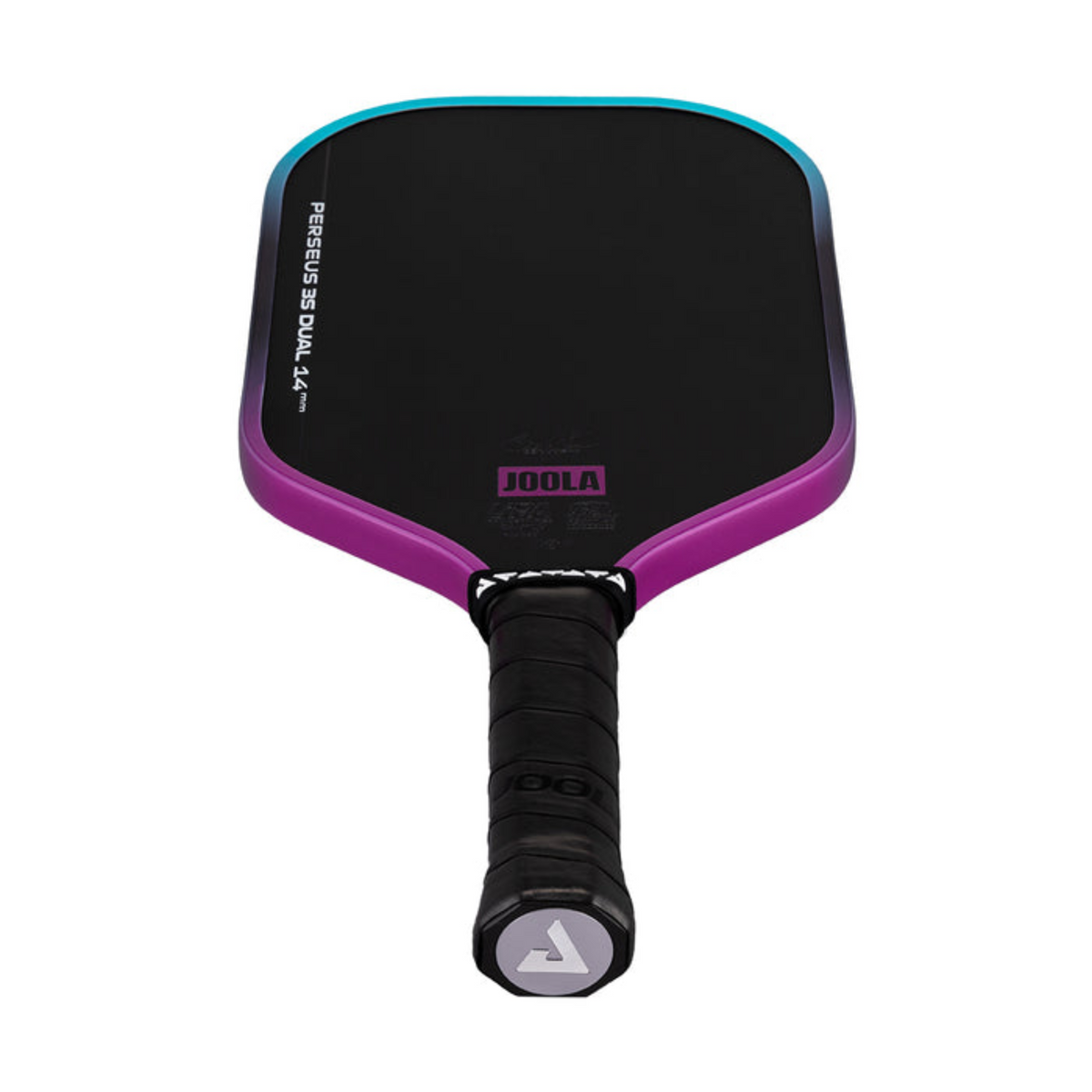 Pickleball paddle with black and purple design on a white background