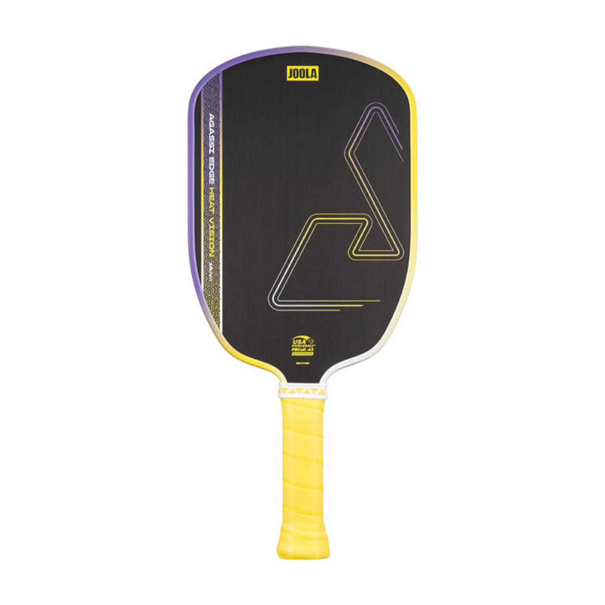 Pickleball paddle with black face and yellow handle on a white background