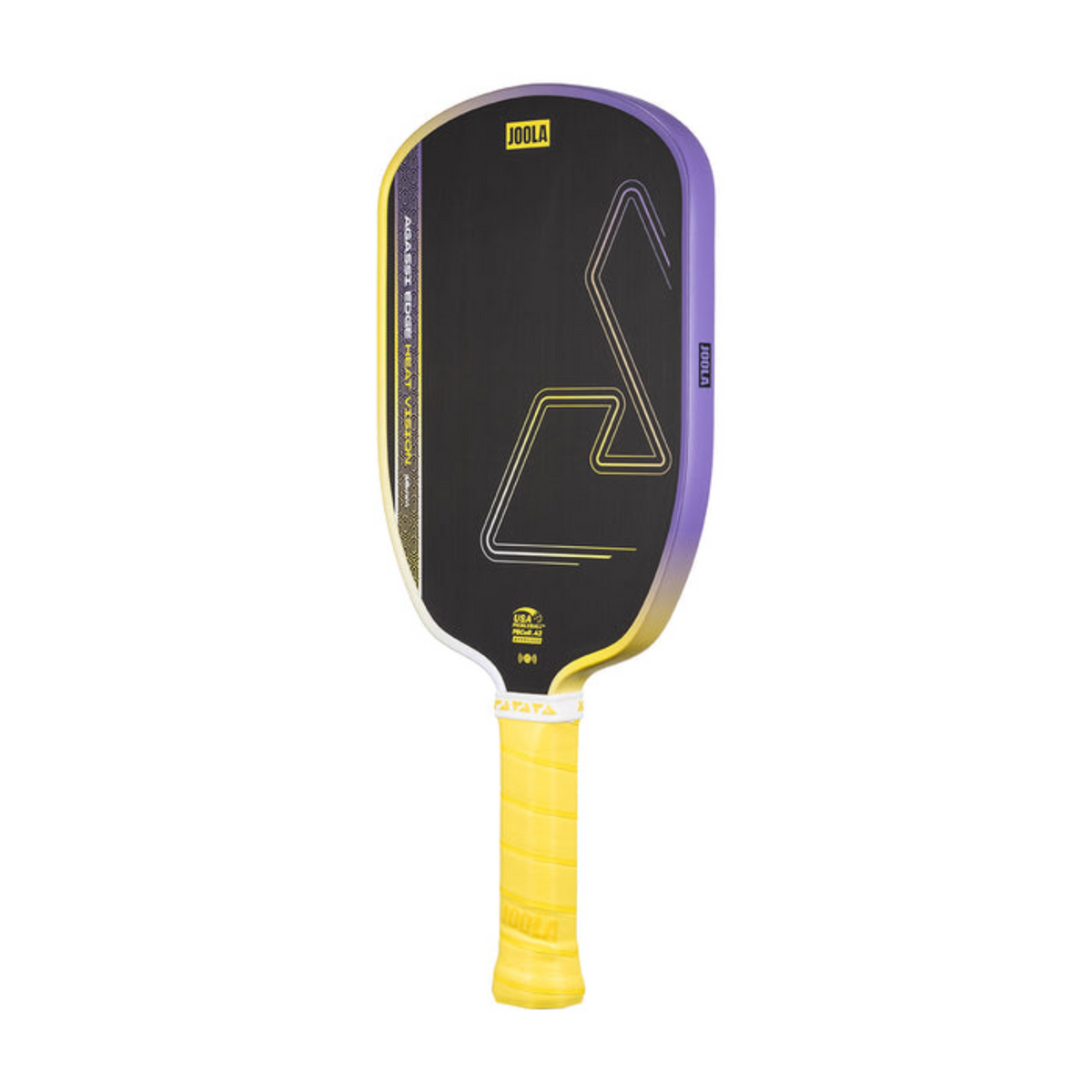 Pickleball paddle with black face and yellow handle on a white background
