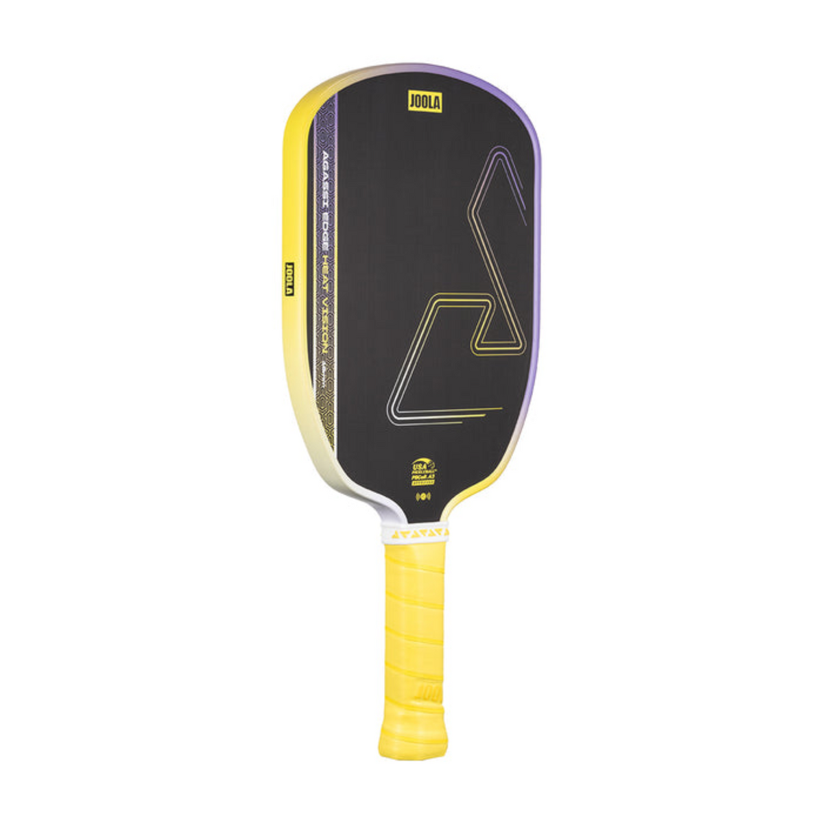 Pickleball paddle with black face and yellow handle on a white background