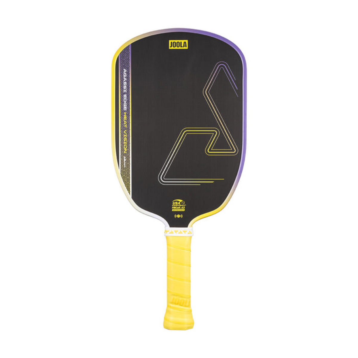 Pickleball paddle with black surface and yellow handle on a white background