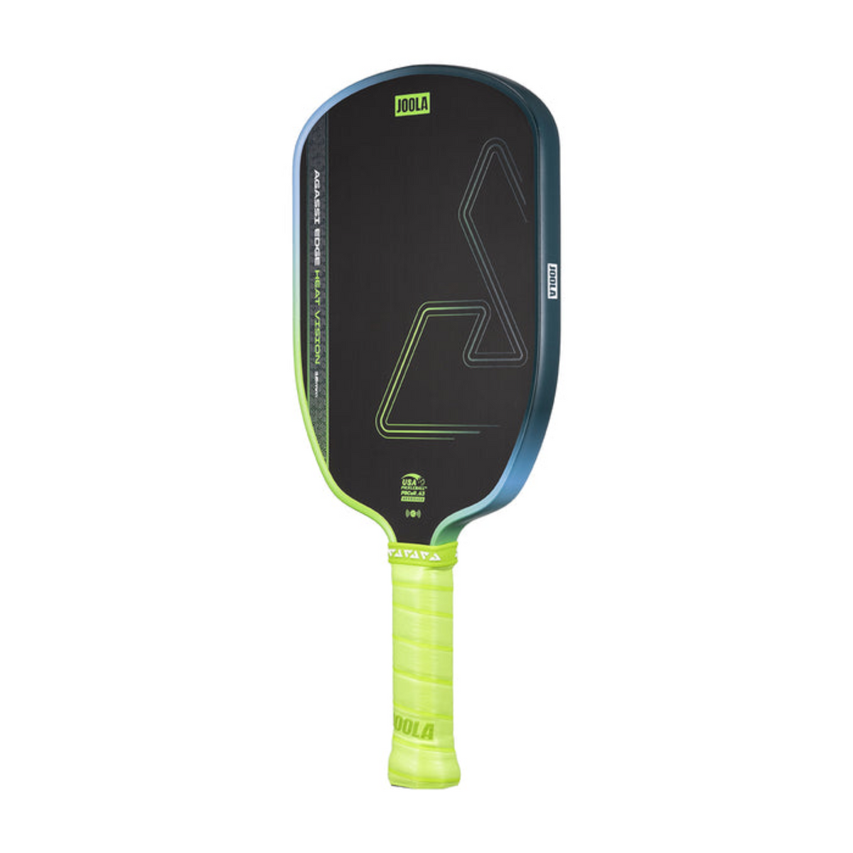 Pickleball paddle with black face and green handle on a white background