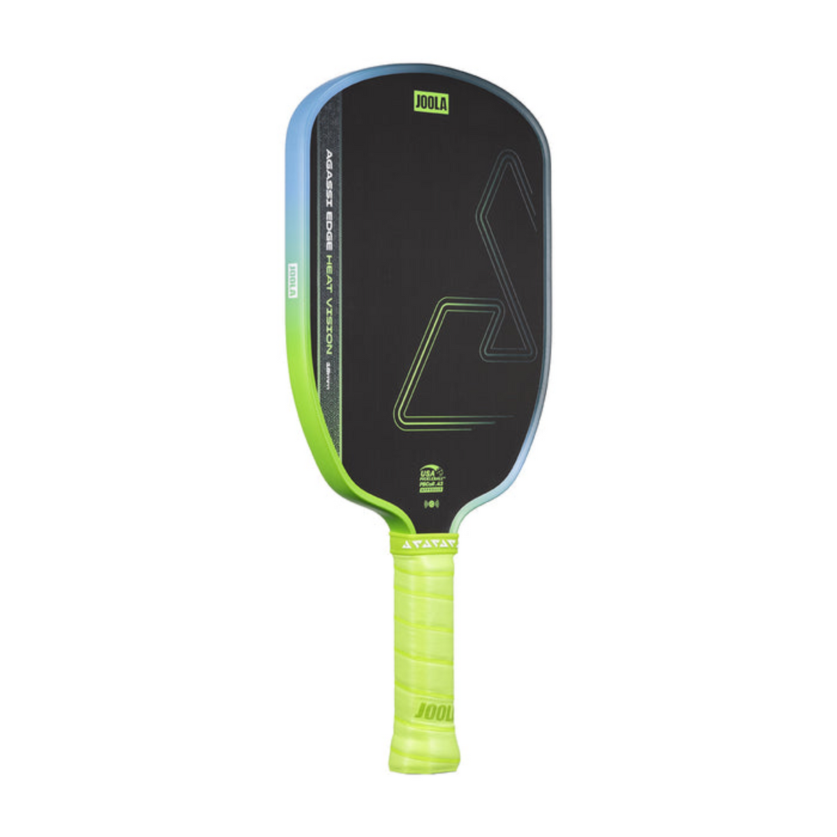 Pickleball paddle with gradient design and green handle on a white background