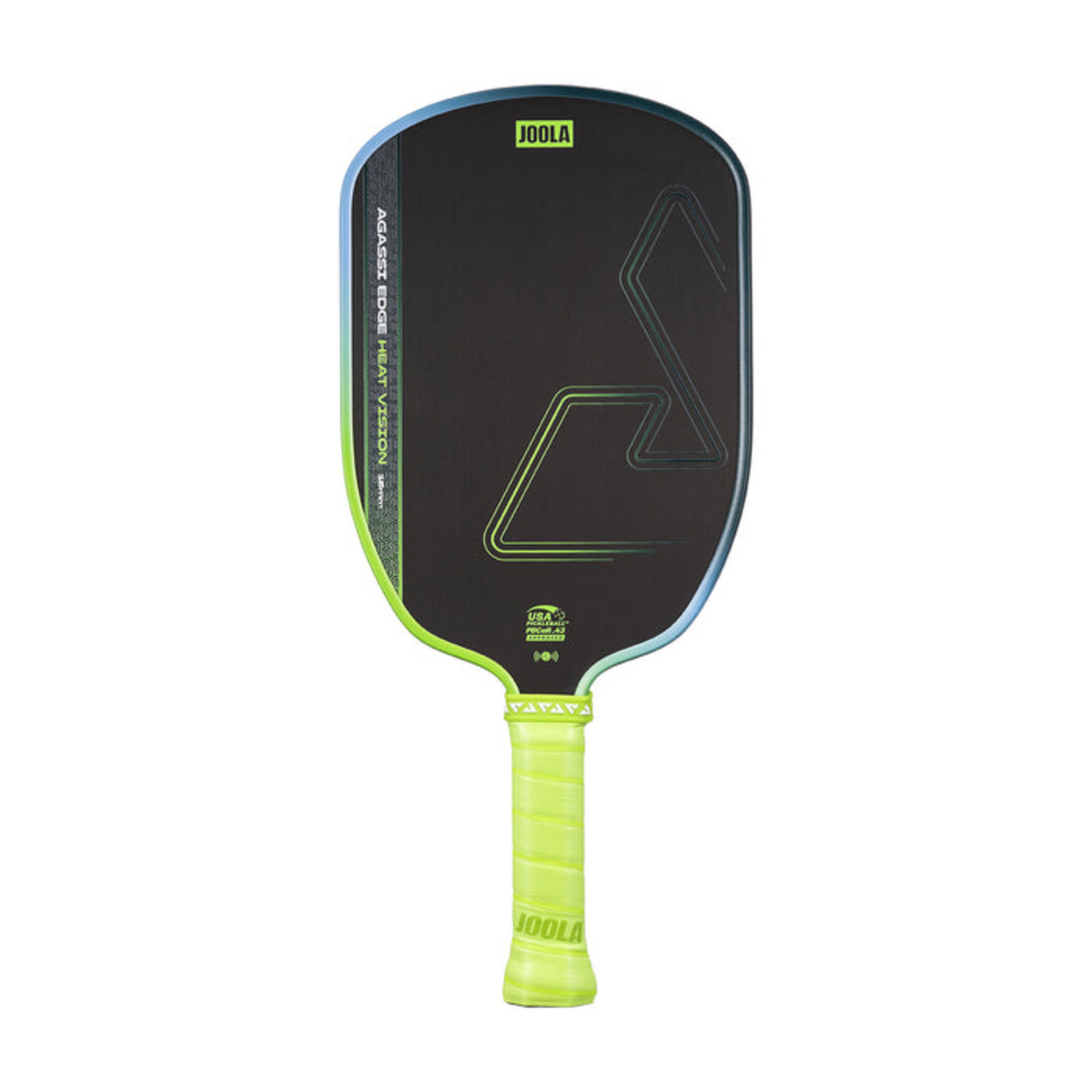 Pickleball paddle with black face and green handle on a white background