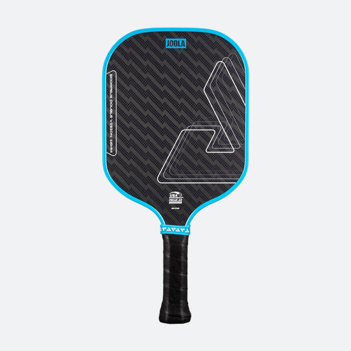 Pickleball paddle with black and blue design on a light gray background