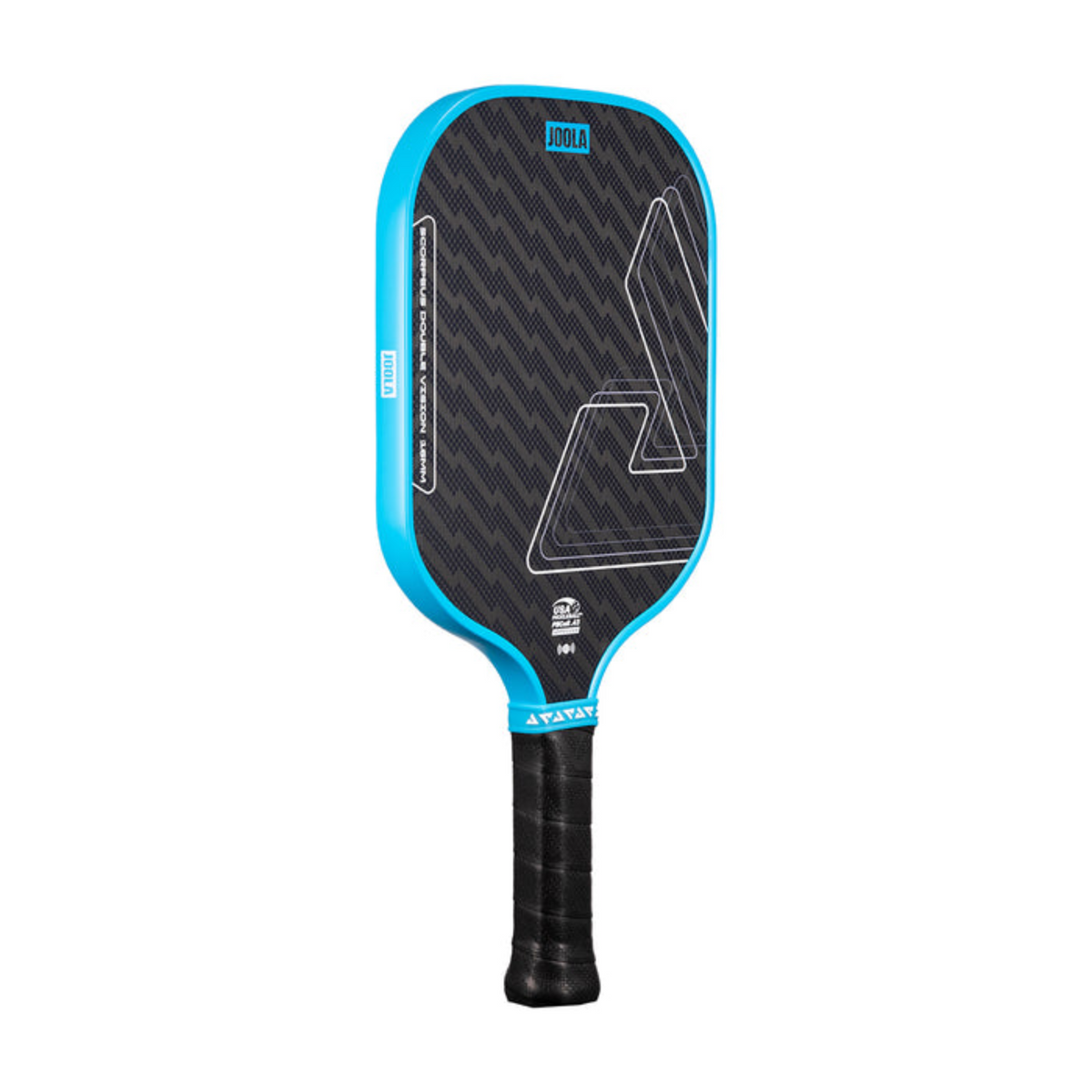Pickleball paddle with blue rim and black face on a white background