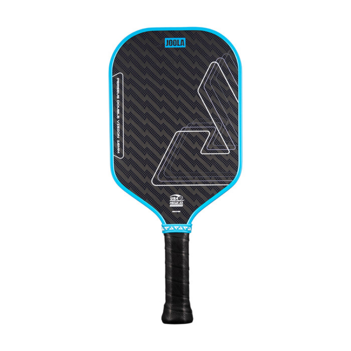 Pickleball paddle with black and blue design on a white background