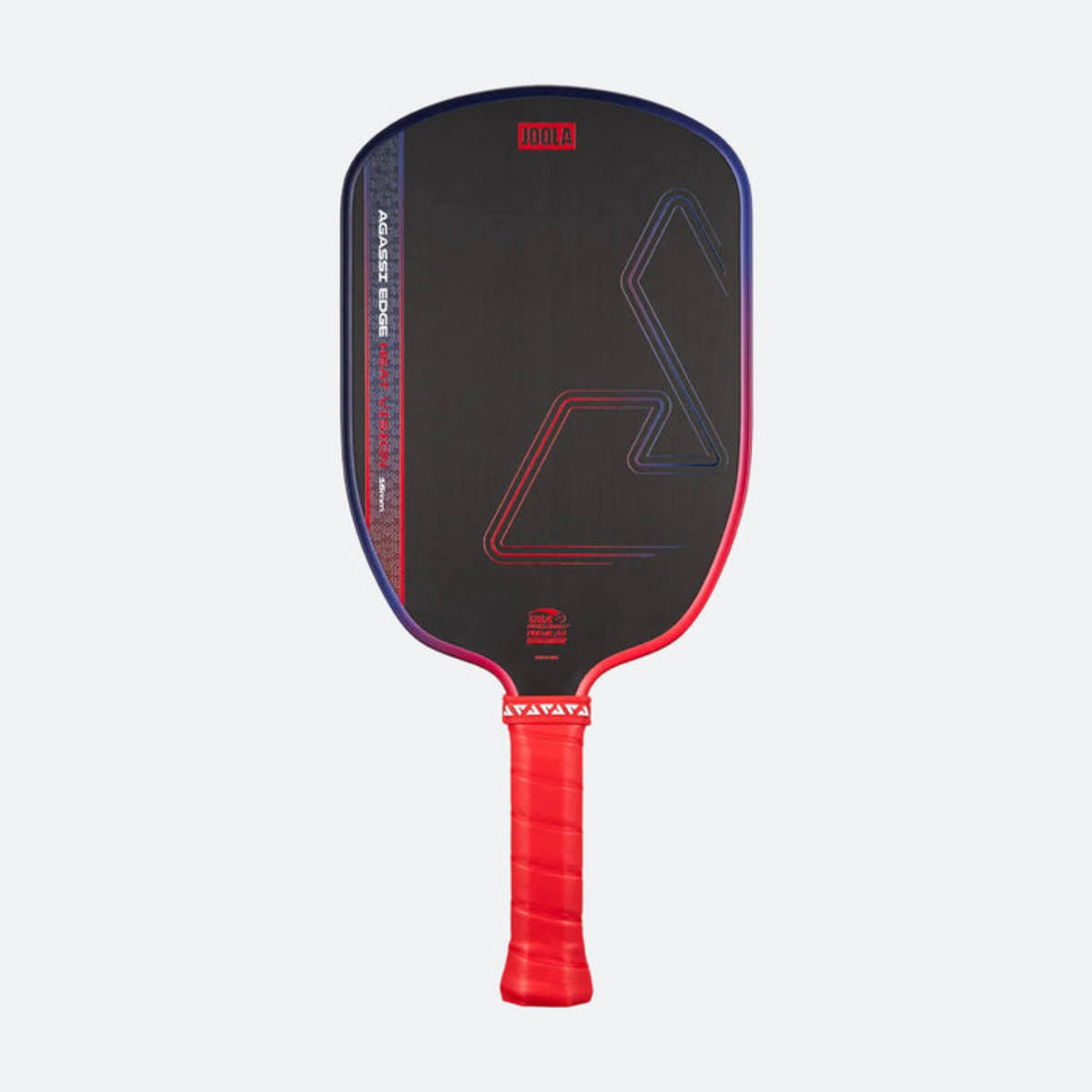 Black and red pickleball paddle on a white background