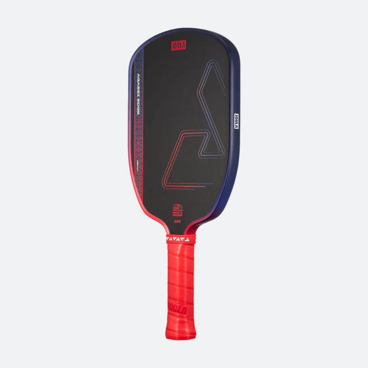 Pickleball paddle with red handle and black face on a white background