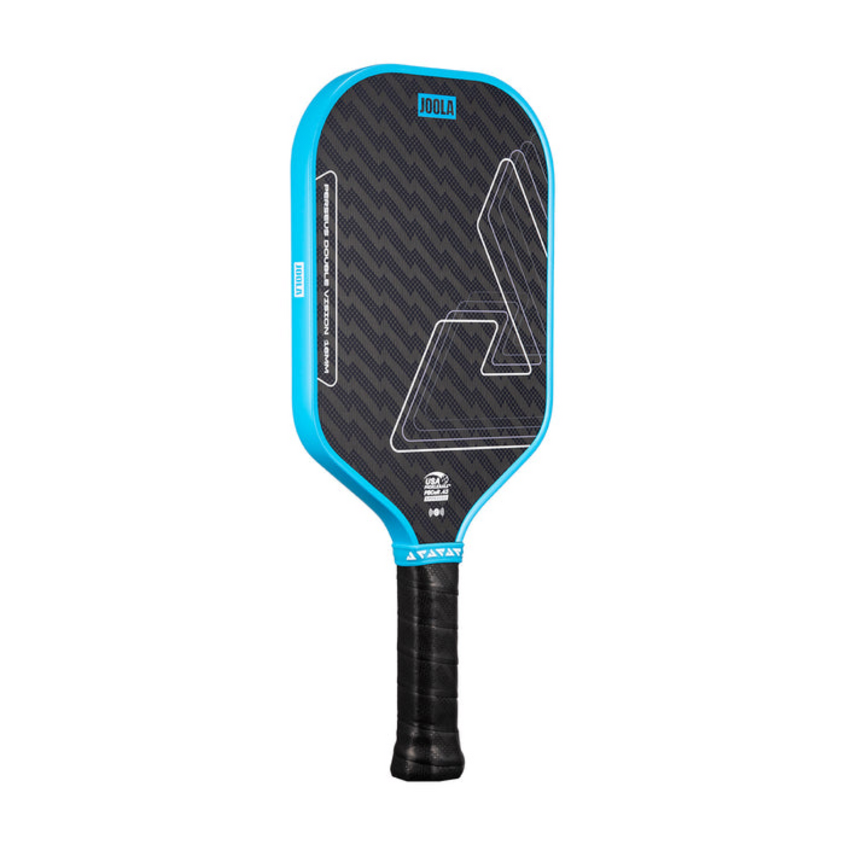 Pickleball paddle with blue rim and black surface on a white background
