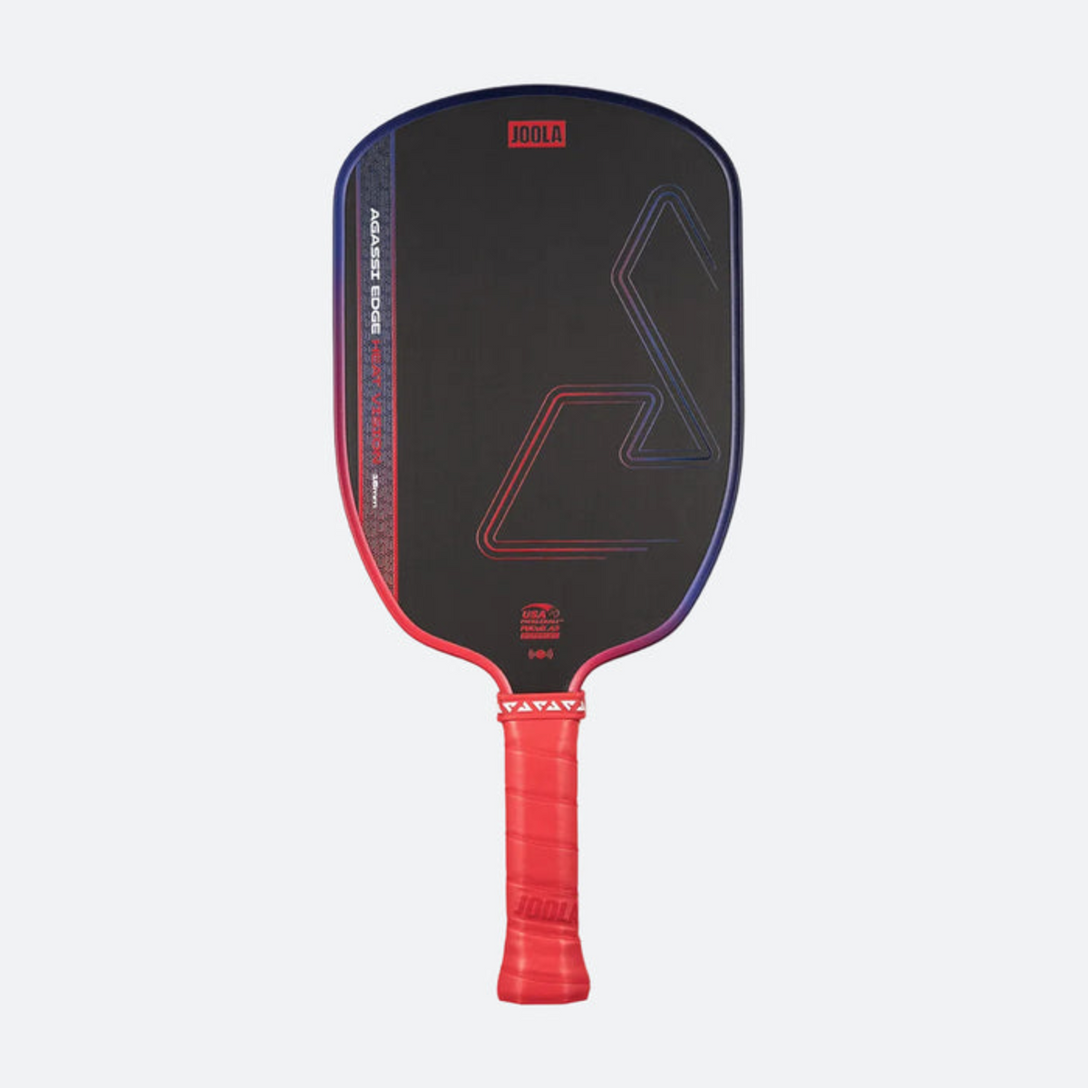 Black and red pickleball paddle on a light gray background