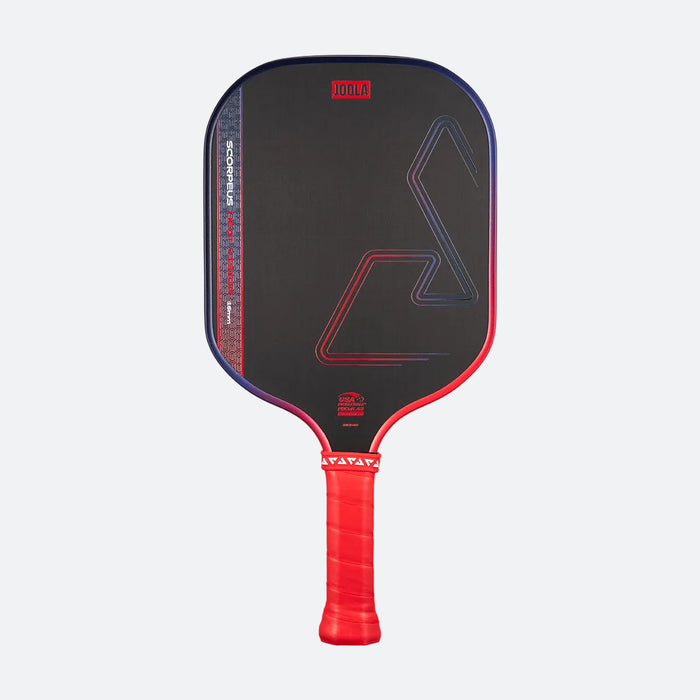 Pickleball paddle with black face and red handle on a light gray background