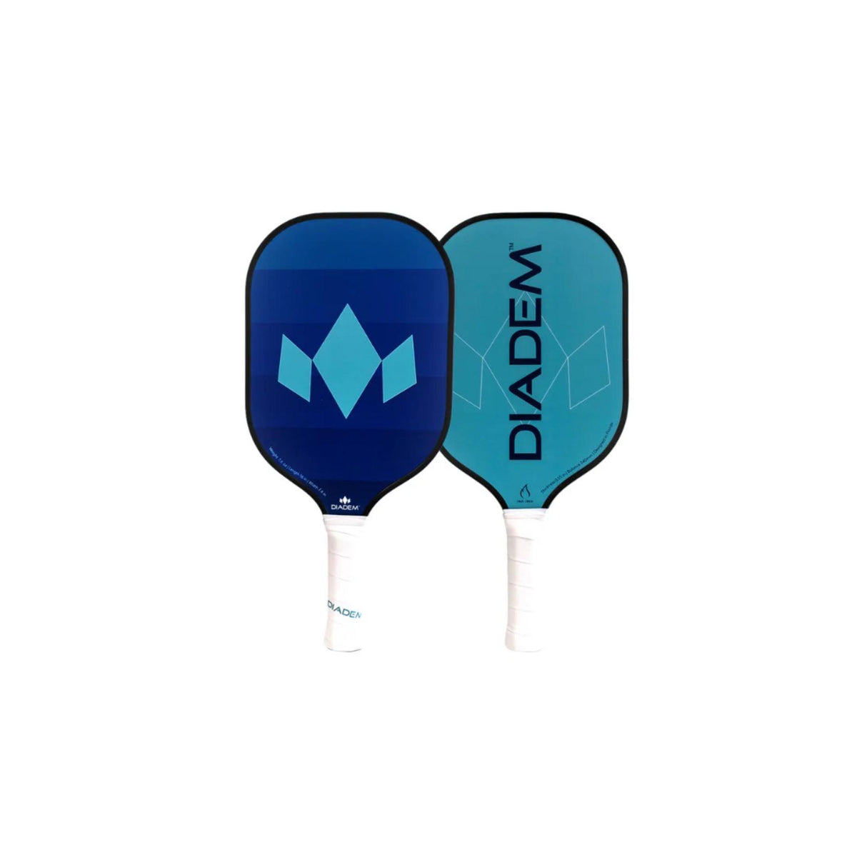 Two pickleball paddles displayed side by side featuring branded graphics and cushioned grip handles.