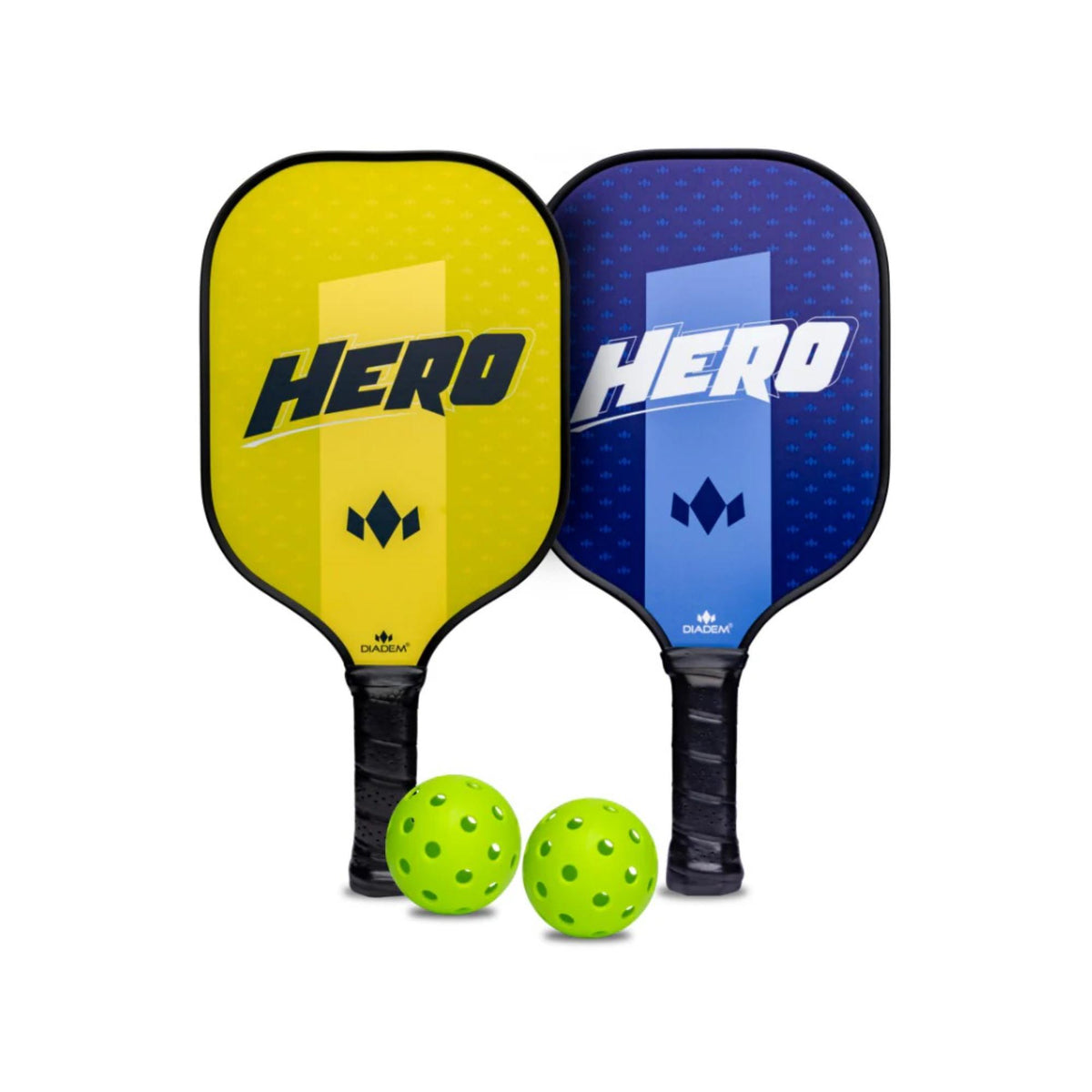 Diadem Hero Starter Kit v2 featuring two pickleball paddles and two perforated balls, arranged upright with handles visible.