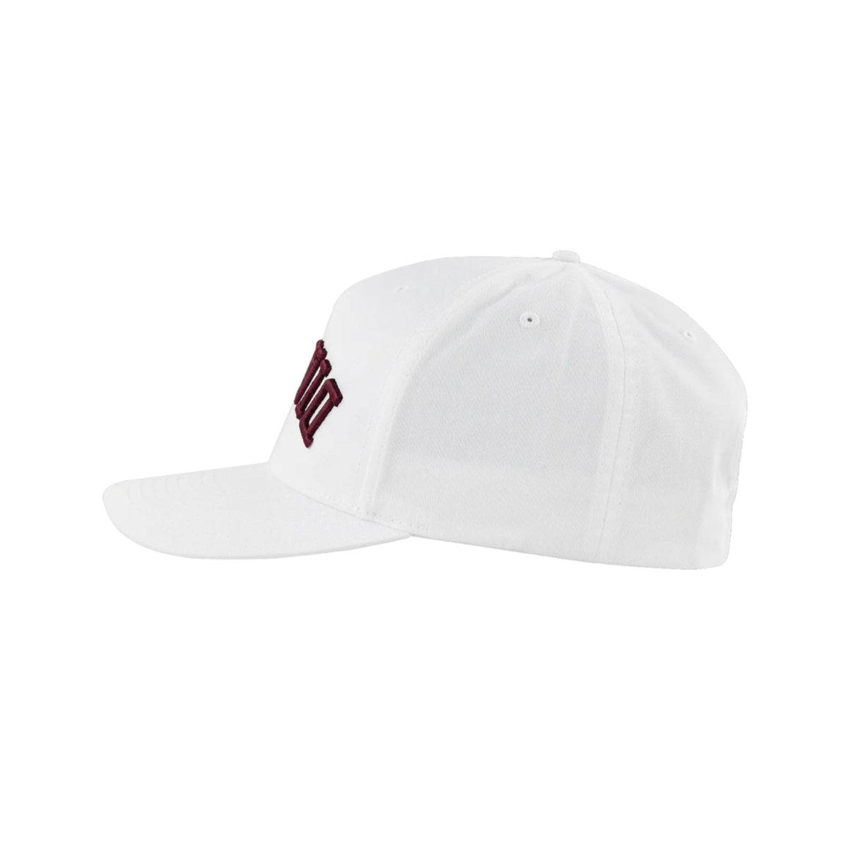 Structured baseball cap with curved brim and embroidered branding displayed upside down on the front panel.