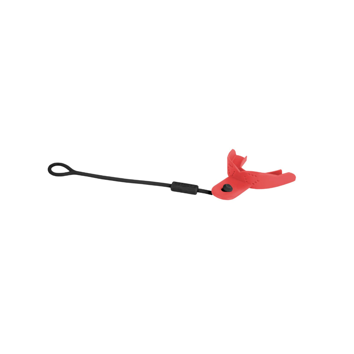 Adult mouthguard tether strap with adjustable slider and attachment clip for securing a mouthguard during sports activities.