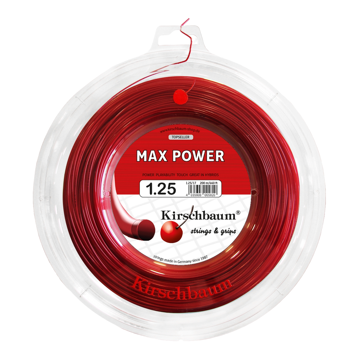 Kirschbaum Max Power Tennis String Reel, 660 ft in 1.25mm / 17G Red - Front View