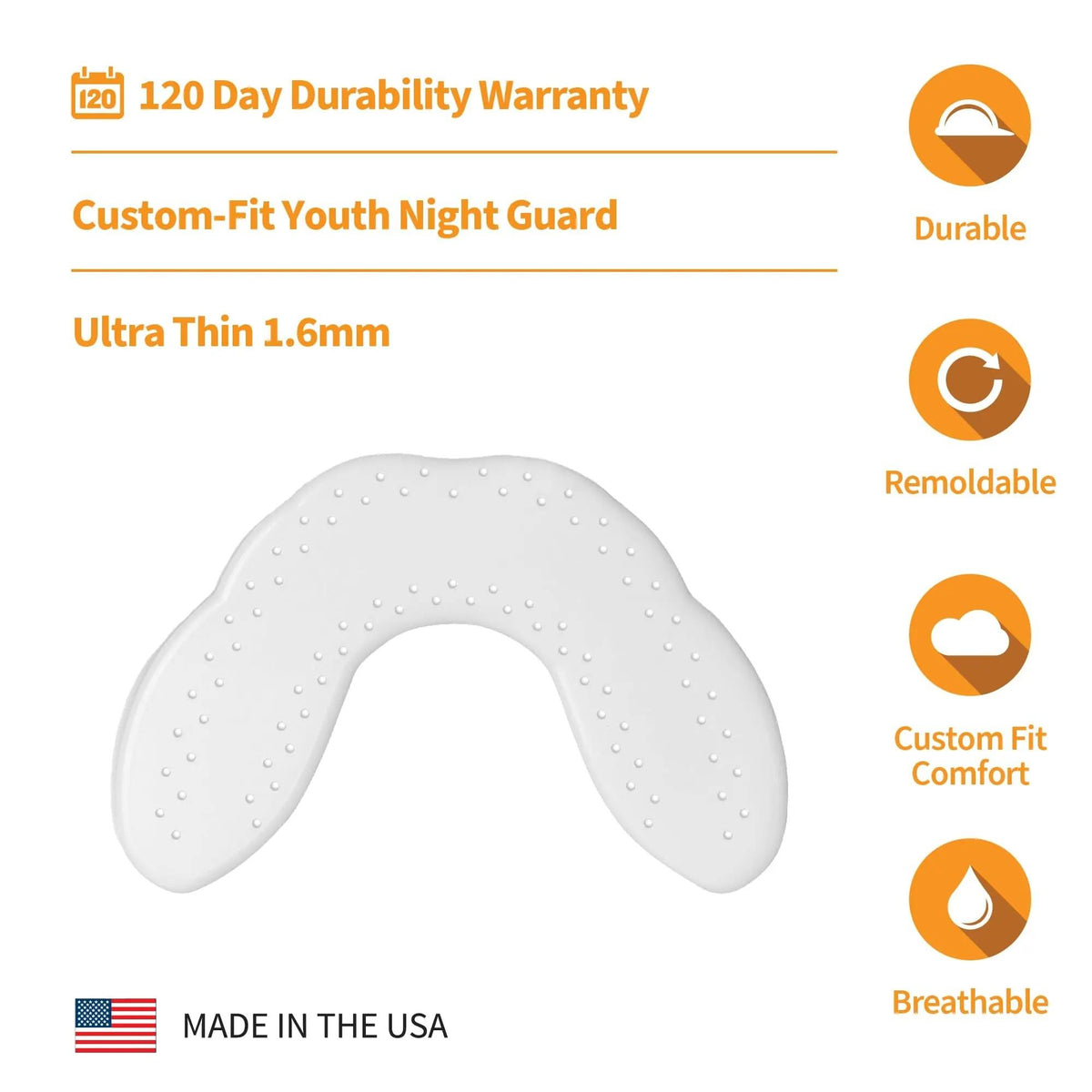 Junior dental night guard with storage case designed for protecting teeth during sleep.