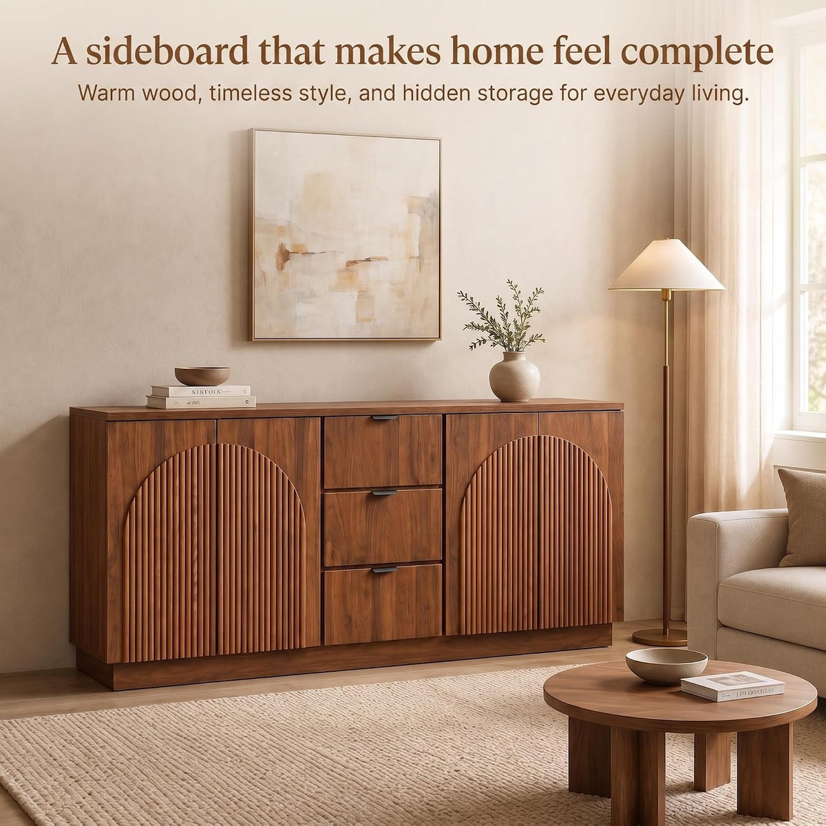 Walnut-Finish Sideboard Buffet with 4 Arched Reeded Doors and 3 Drawers - View 6