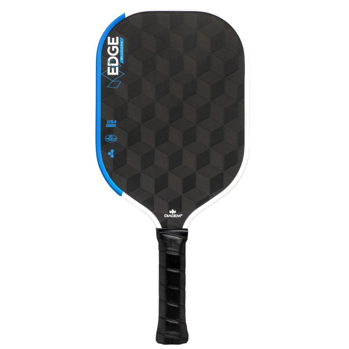 Diadem Edge BluCore Pro pickleball paddle with a textured geometric face, shown alongside product specifications and feature icons in a promotional layout.