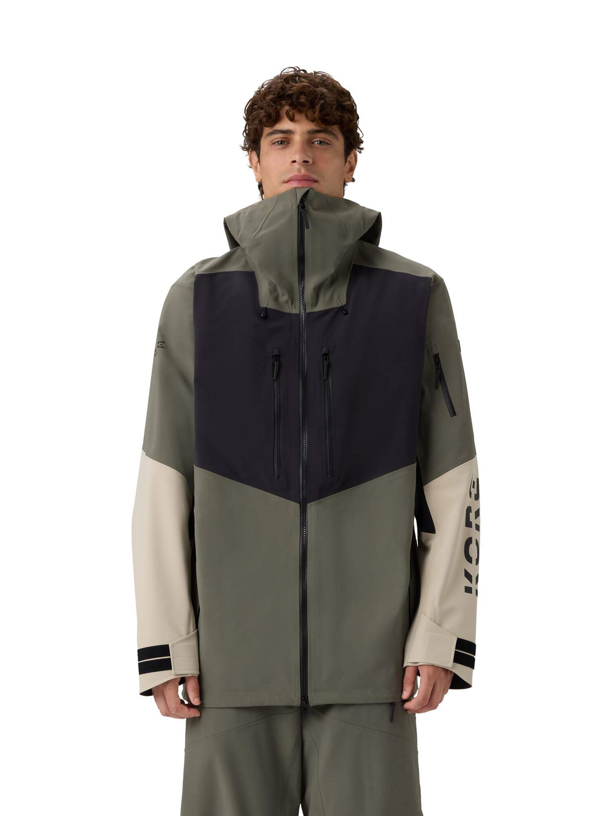 HEAD KORE Freeride Ski Jacket Mens in Green Sand/Black - front view on model