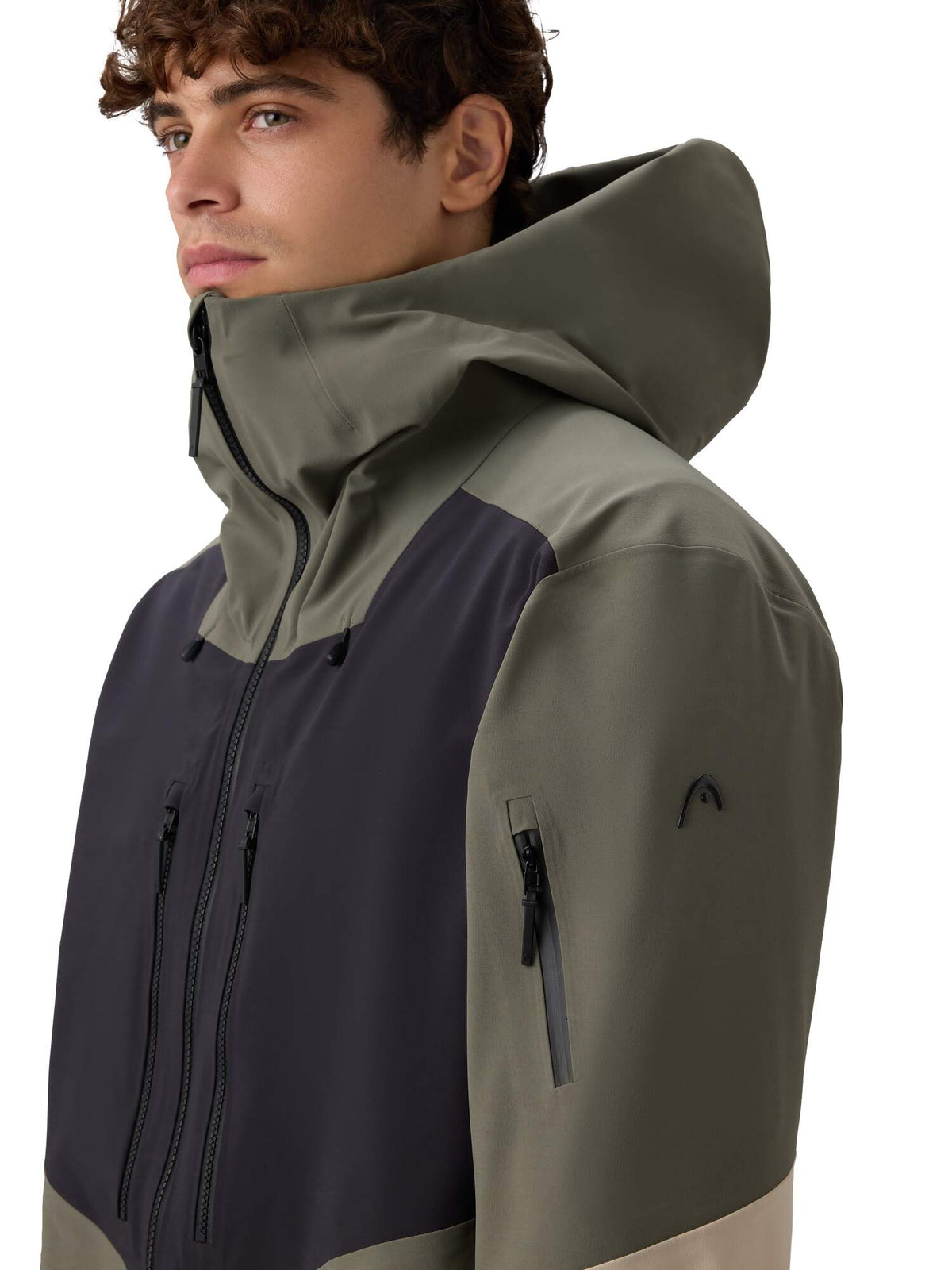 HEAD KORE Freeride Ski Jacket Mens in Green Sand/Black - hood detail