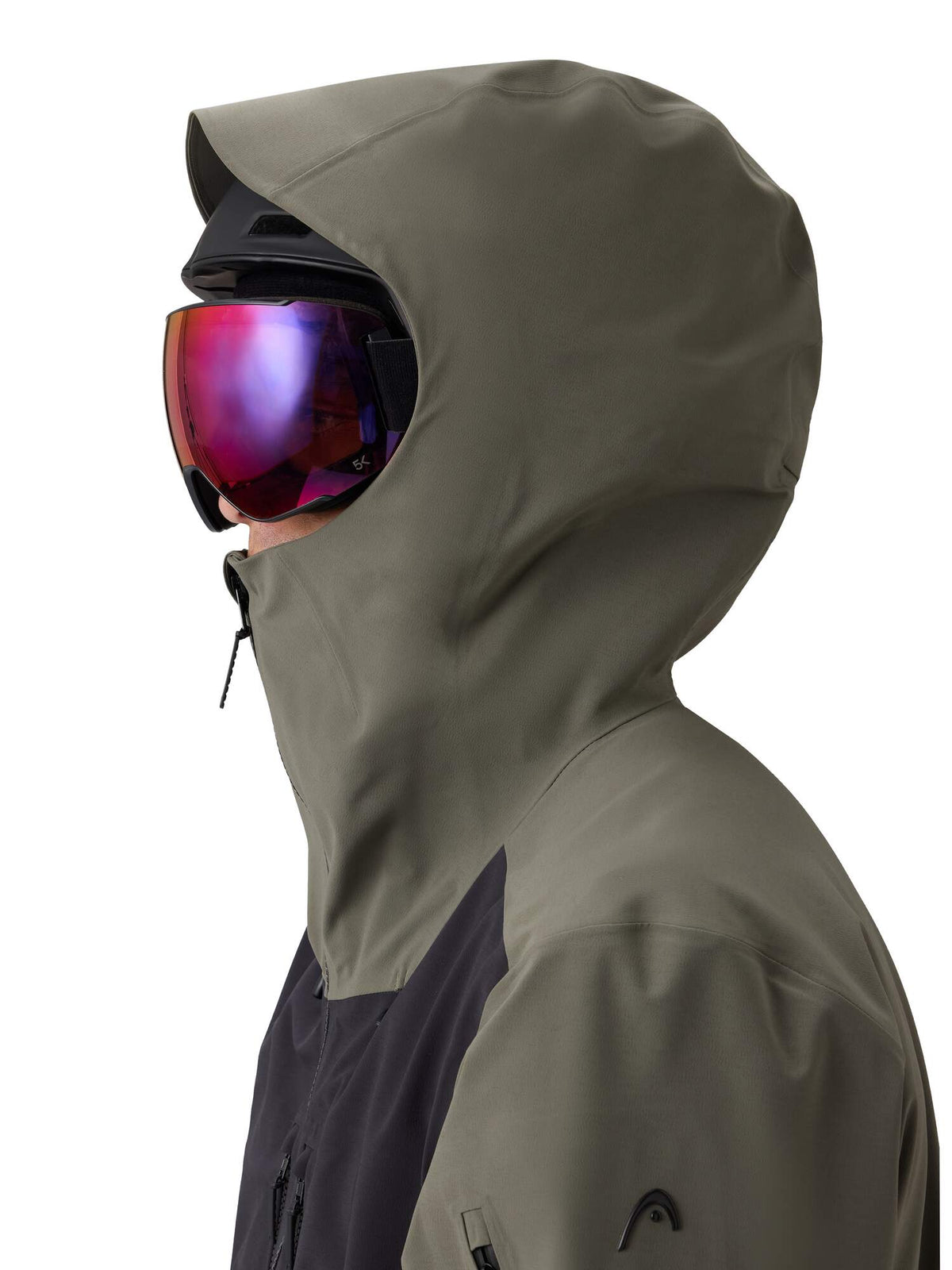 HEAD KORE Freeride Ski Jacket Mens in Green Sand/Black - hood up with helmet