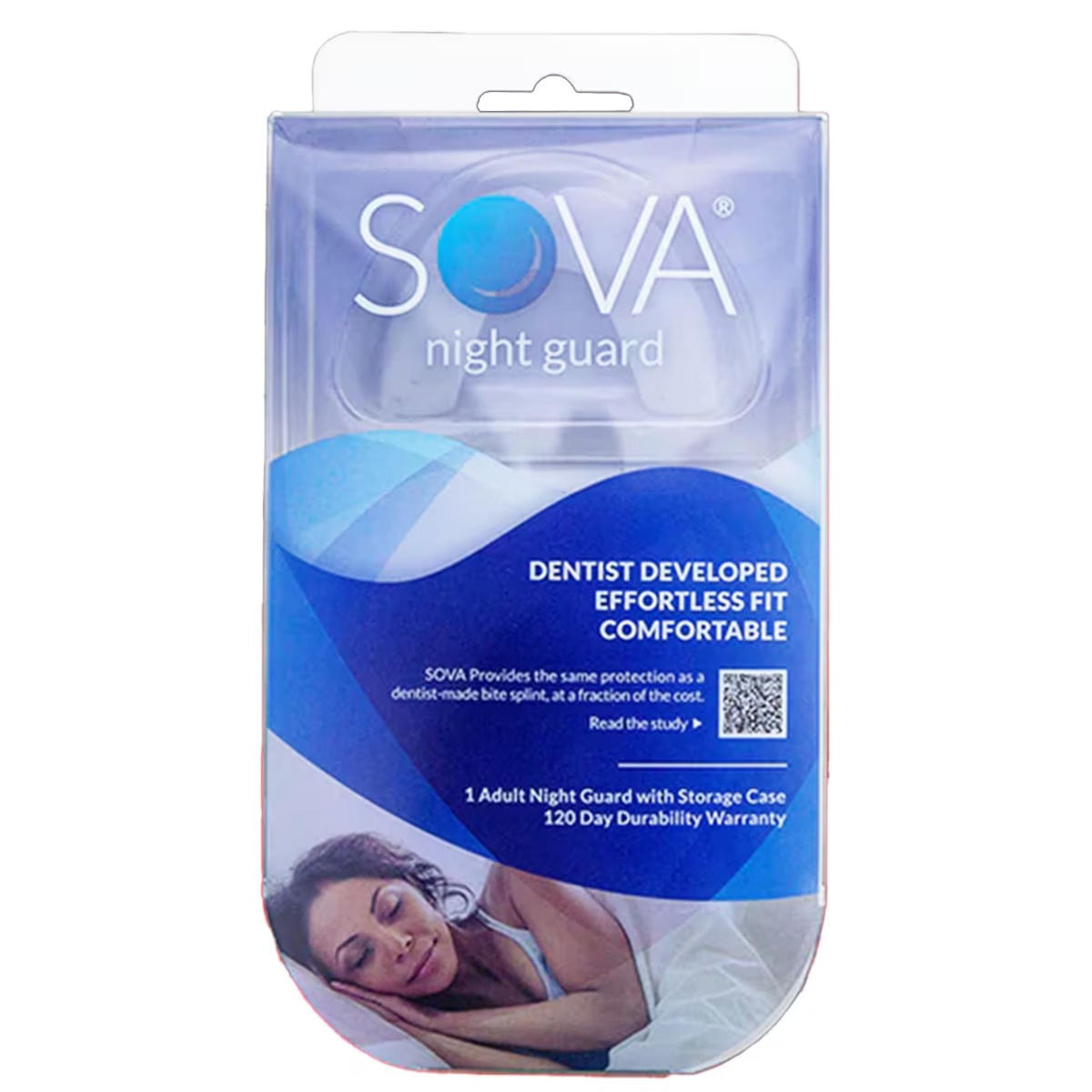 Dental night guard with storage case shown in retail packaging for teeth grinding protection and overnight comfort.