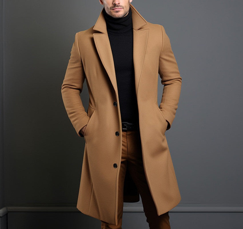 Men’s Mid-Length Trench Coat – Single-Breasted British Style Overcoat with Pockets