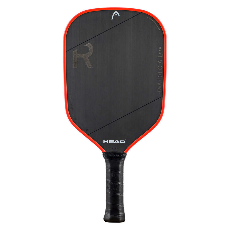 Front view of Black Carbon Surface Pickleball Paddle with Red Trim