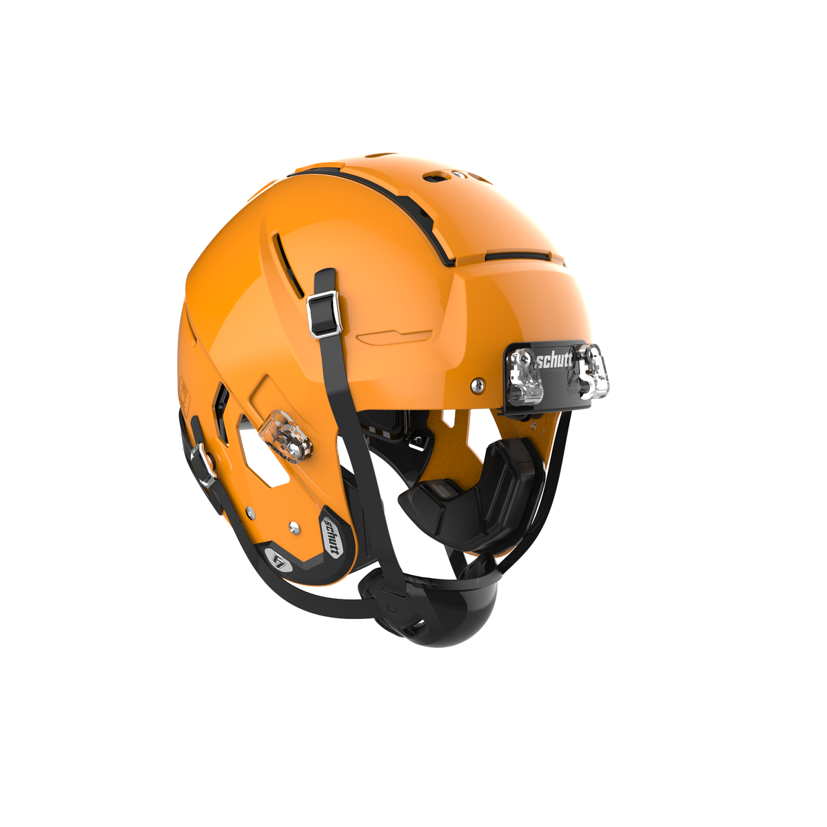 SCHUTT F7 2.0 Collegiate football helmet in molded gloss gold without facemask, featuring black chinstrap and interior padding, shown on a white background.