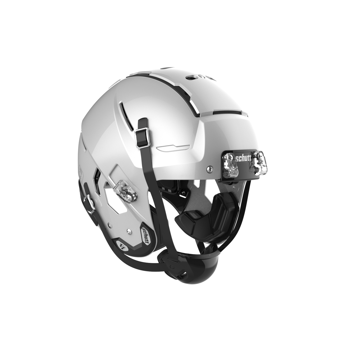 SCHUTT F7 2.0 Collegiate football helmet in metallic silver without facemask, featuring black chinstrap and interior padding, shown on a white background.