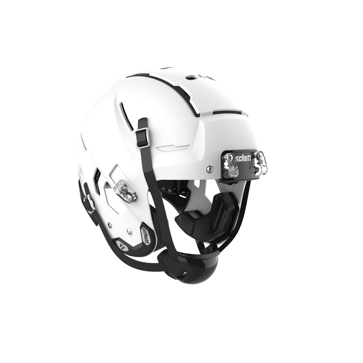 SCHUTT F7 2.0 Collegiate football helmet in matte white without facemask, featuring black chinstrap and interior padding, shown on a white background.