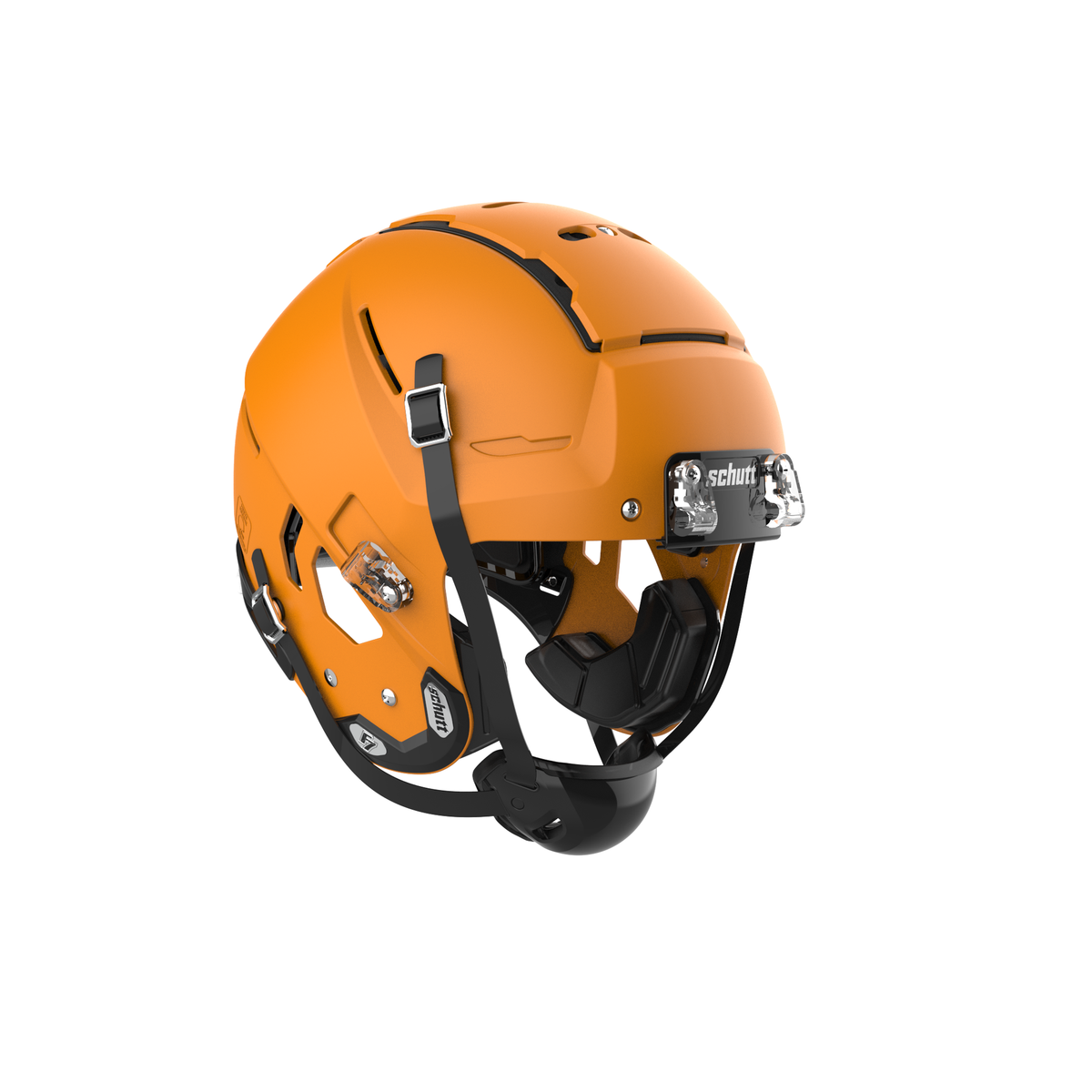 SCHUTT F7 2.0 Collegiate football helmet in matte gold without facemask, featuring black chinstrap and interior padding, shown on a white background.