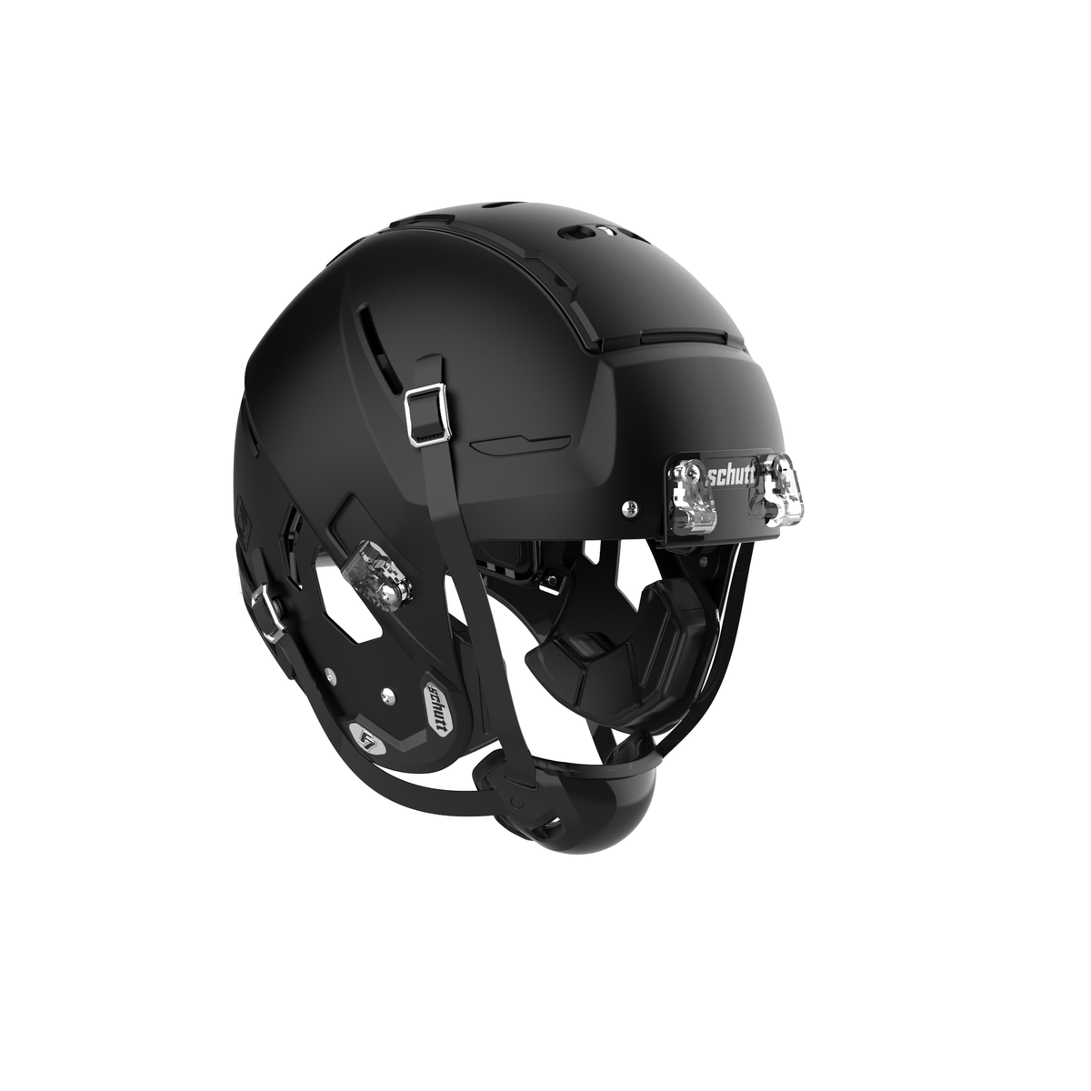 SCHUTT F7 2.0 Collegiate football helmet in matte black without facemask, featuring black chinstrap and interior padding, shown on a white background.
